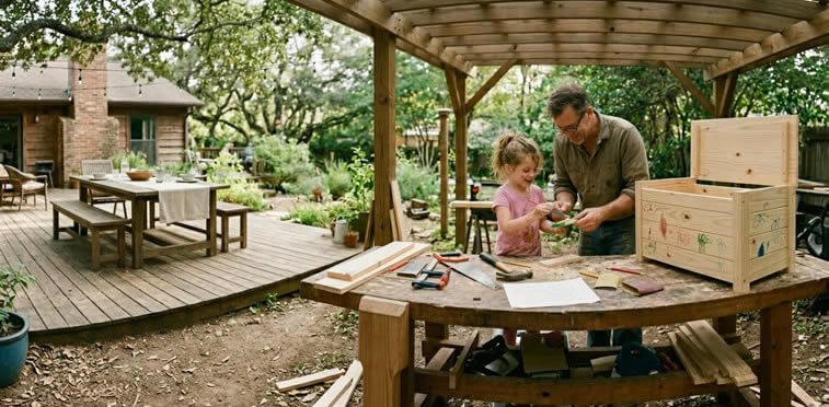 Adult and child working together on a woodworking project under a backyard pergola