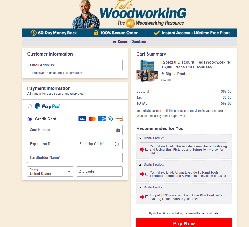 TedsWoodworking secure checkout showing the digital product price and payment options