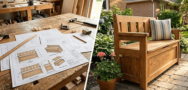 Woodworking plans on a workbench beside a finished wooden outdoor storage bench