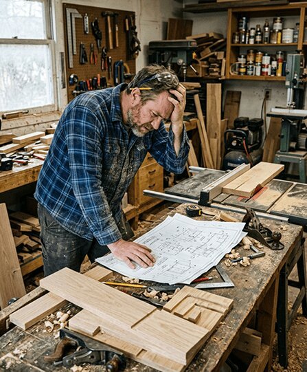 Woodworker studying detailed project drawings in a busy home workshop with cut lumber nearby