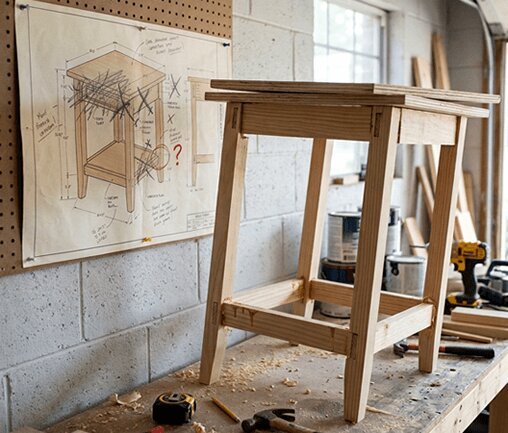 Partially built wooden side table on a workbench beside a sketched woodworking plan