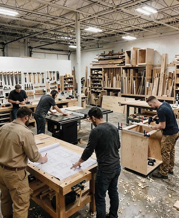 Team of woodworkers reviewing project drawings and building cabinets in a large workshop