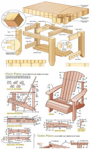 Illustrated woodworking diagrams showing furniture joinery, chair plans and table construction details