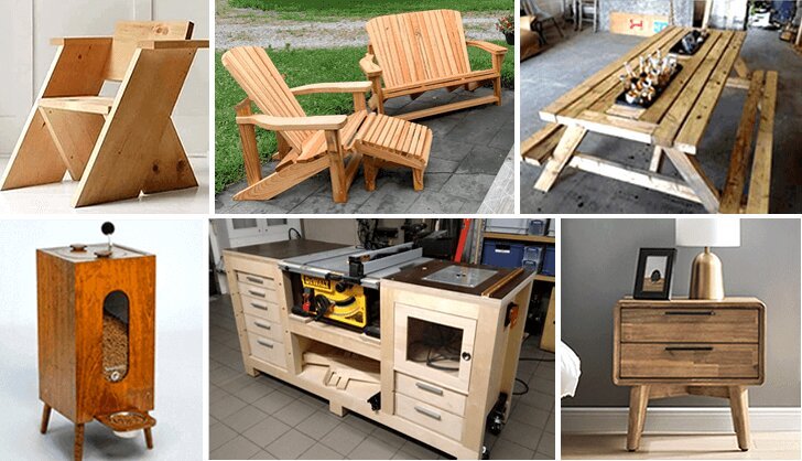 Collage of woodworking projects including outdoor chairs, picnic table, side table and workshop cabinet