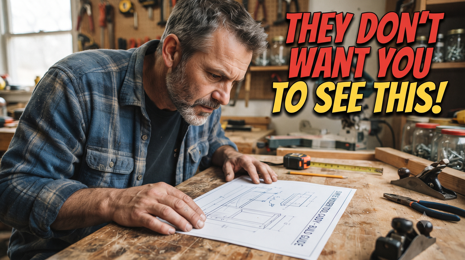 DIY enthusiast examining energy blueprints and step-by-step assembly guides at a workbench.
