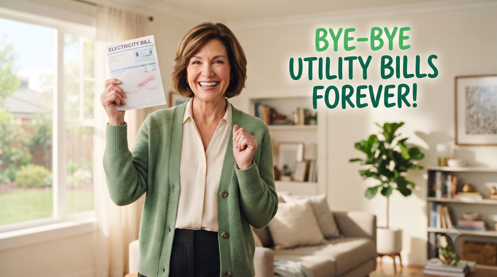 Homeowner smiling while reviewing an electricity bill in a sunlit living room.