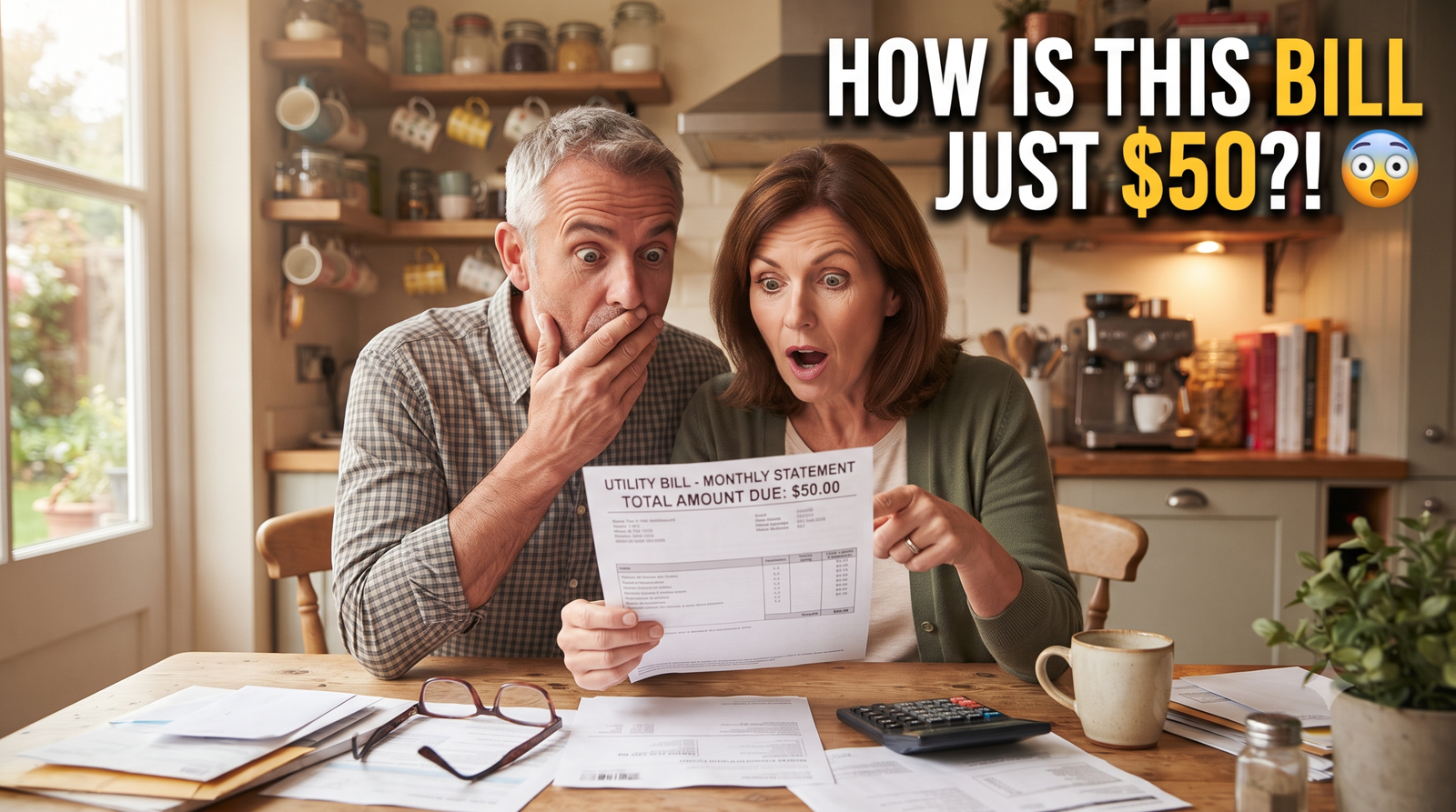 Couple looking at a lower utility bill in a cozy kitchen.