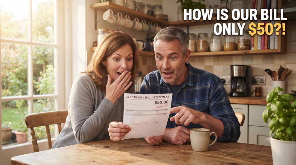 Surprised couple looking at a drastically reduced $50 electricity bill in a cozy kitchen after discovering The Energy Revolution System.